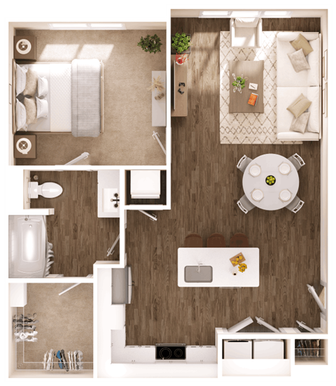 a 3d rendering of a bedroom with a dining table